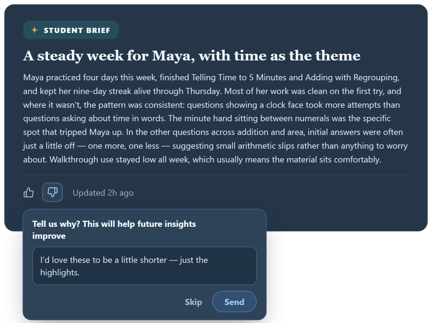 The Upwardly IQ feedback prompt asking why a Brief earned a thumbs down, with a free-text answer that tunes future notes