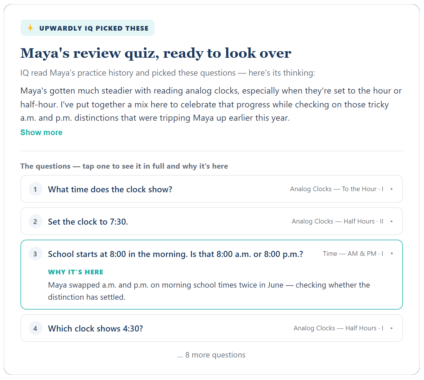 An Upwardly IQ review quiz suggestion on the parent dashboard with options to look it over, create and assign it, or save it for later