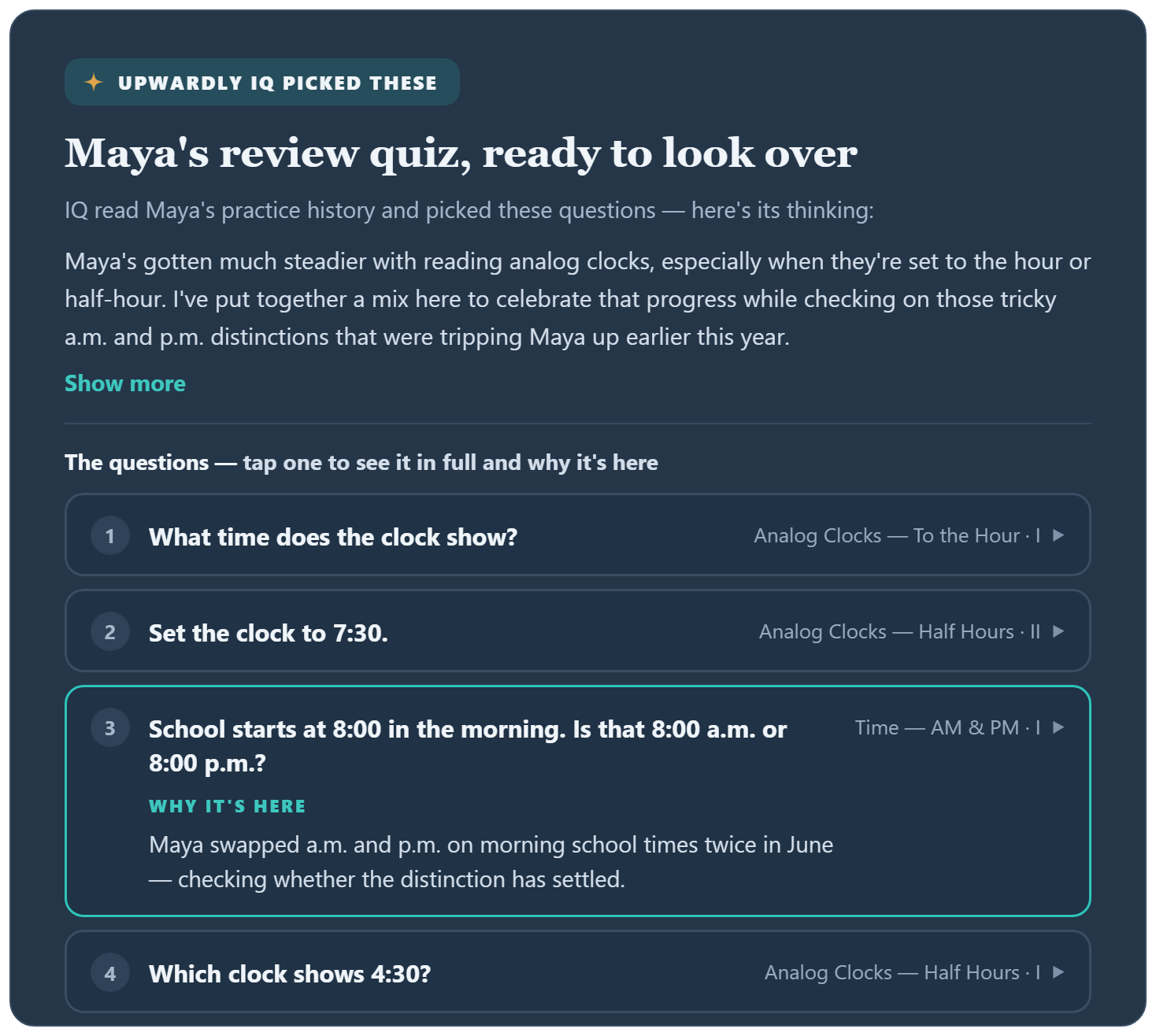 An Upwardly IQ review quiz suggestion on the parent dashboard with options to look it over, create and assign it, or save it for later