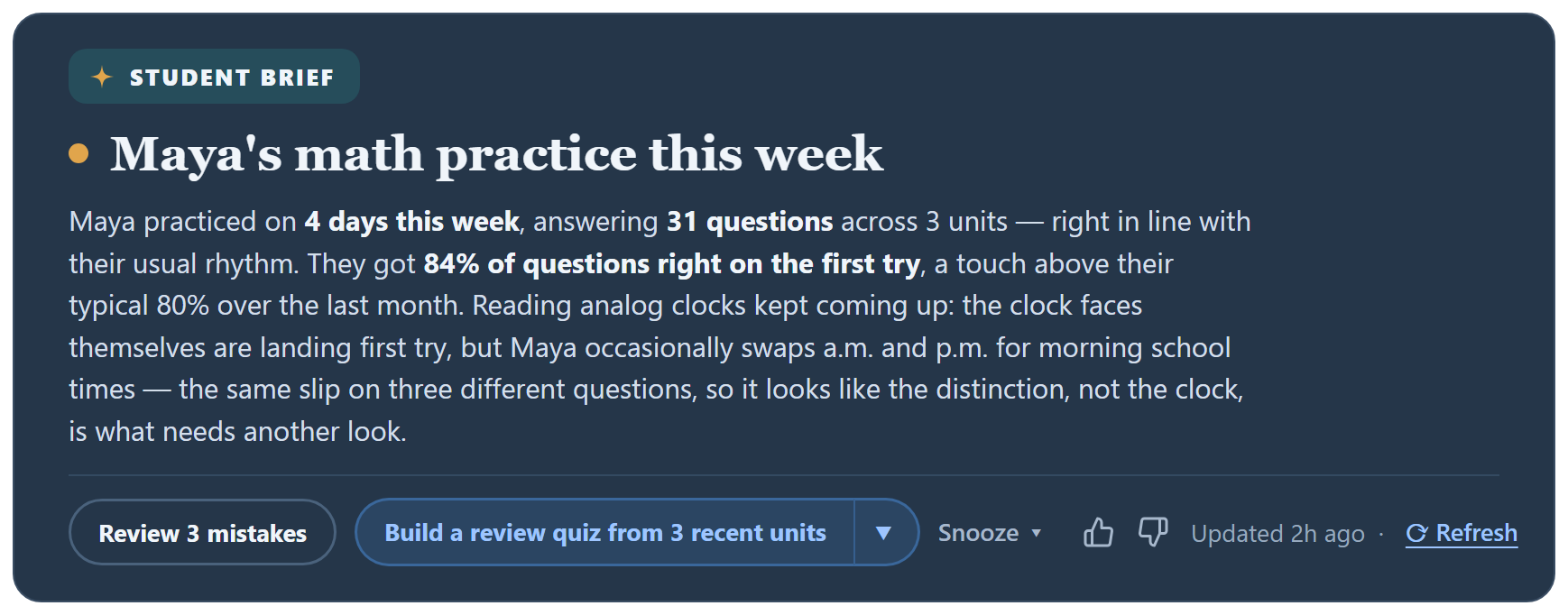 An Upwardly IQ Brief on the parent dashboard summarizing a student's week of practice in plain English