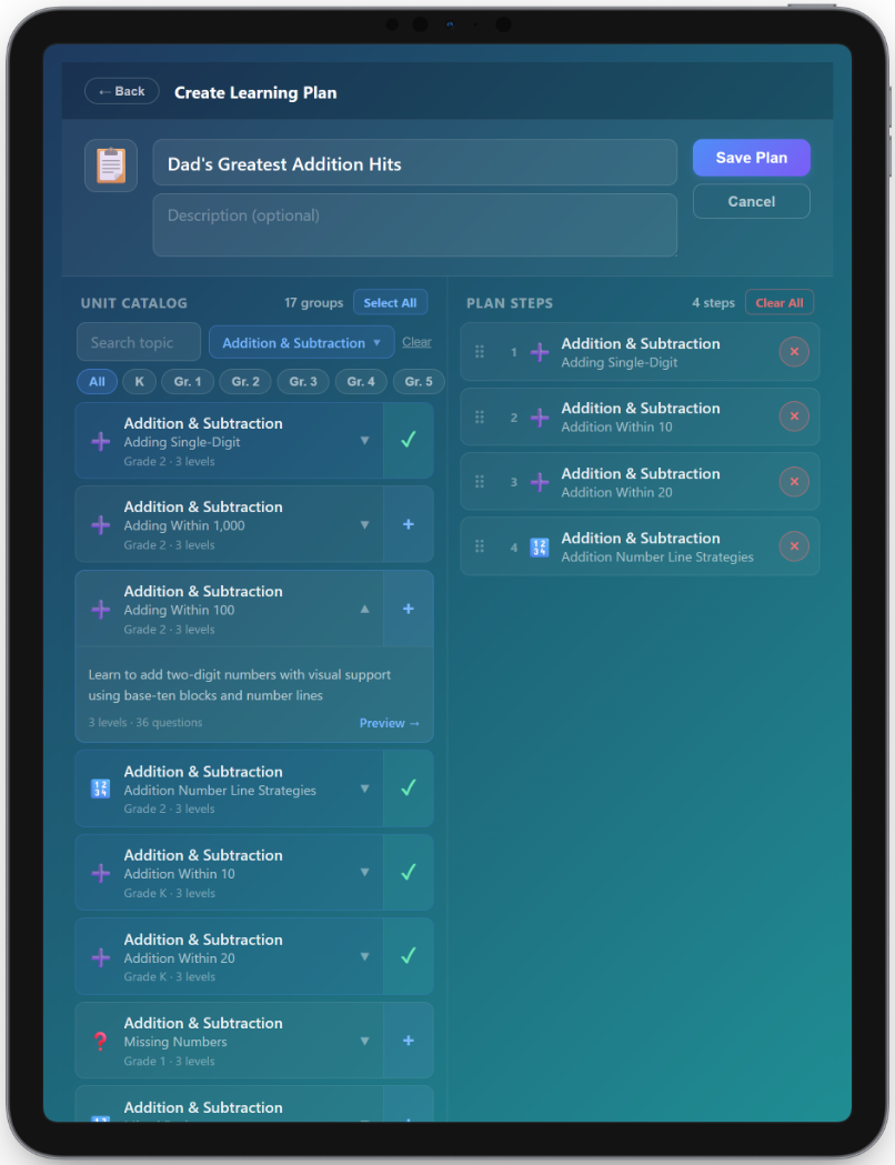 Parent Learning Plan builder
